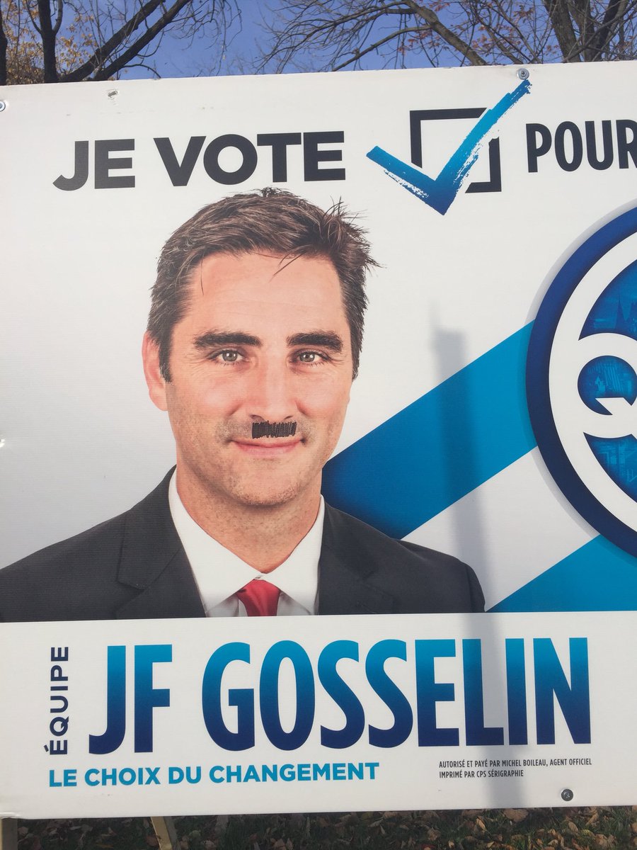 NicSaillant's tweet photo. Pancarte de @jfgosselin22  vandalisée, rue de l’Aqueduc. @Qc212017 #muni2017 https://t.co/LVlIQMB5ic