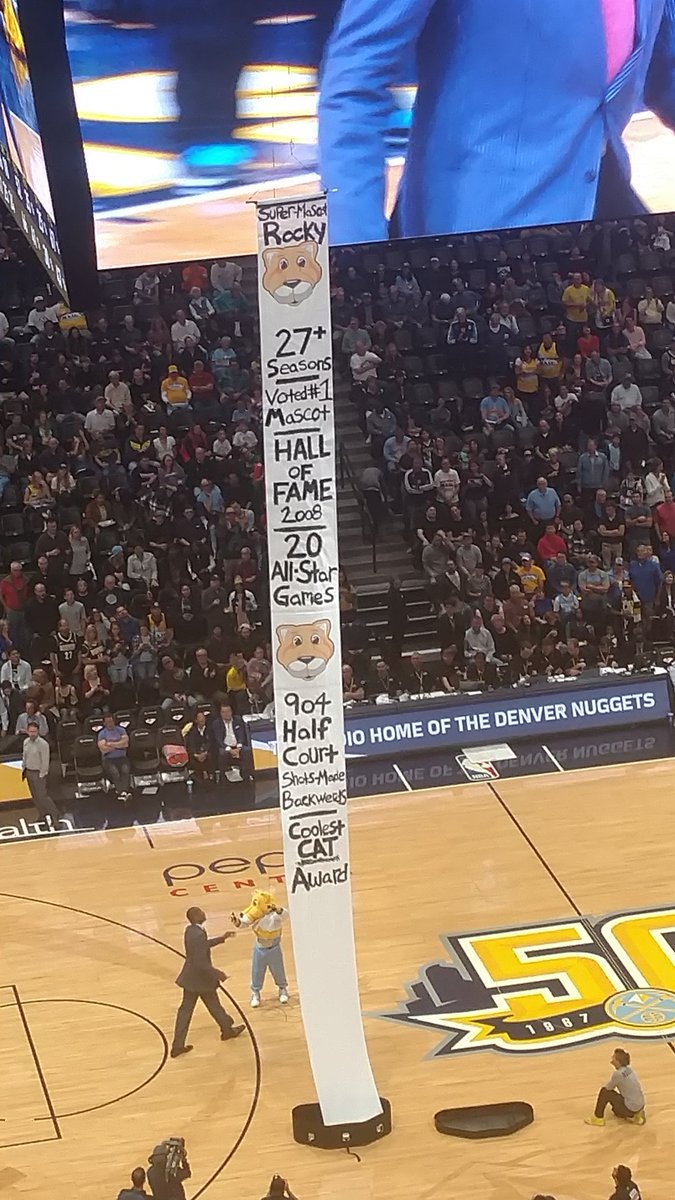 CO_Couple's tweet photo. This was awesome, @officialmutombo stopped Rocky from hanging his own banner in the @nuggets arena... #gonuggets #basketball2017 https://t.co/Nz41AgY0o1