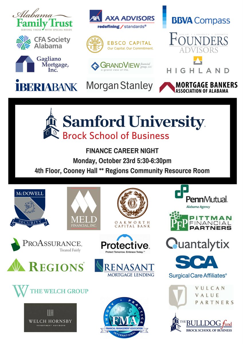 BrockSuccess's tweet photo. TONIGHT is the FMA Career Night from 5:30-6:30pm in the Regions Resource Room!  @SamfordFMA #PDevent #Thankfulforcommunitypartners https://t.co/8hCIN629Kb