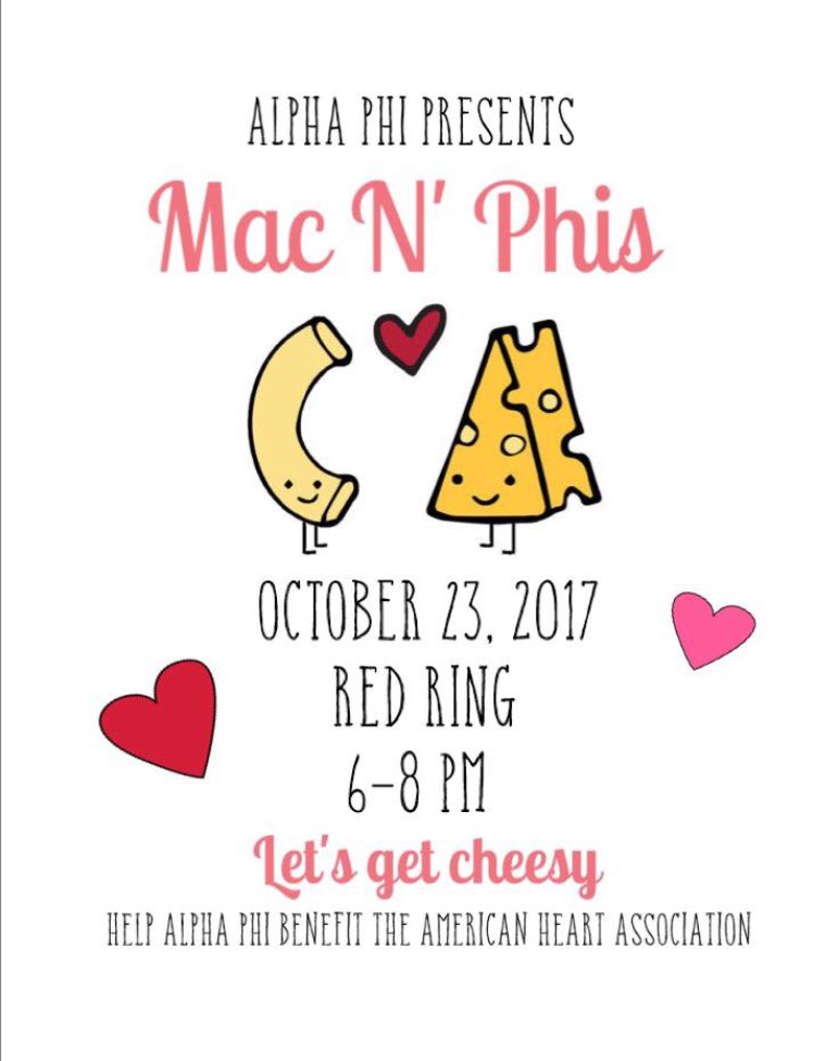 DuqAlphaPhi's tweet photo. In need of some comfort food on this rainy day? ☔️ Come to the red ring tonight from 6-8 to eat some Mac and Cheese and support the American Heart Association! Let’s get cheesy 💛 https://t.co/4EMtvQgRZ4