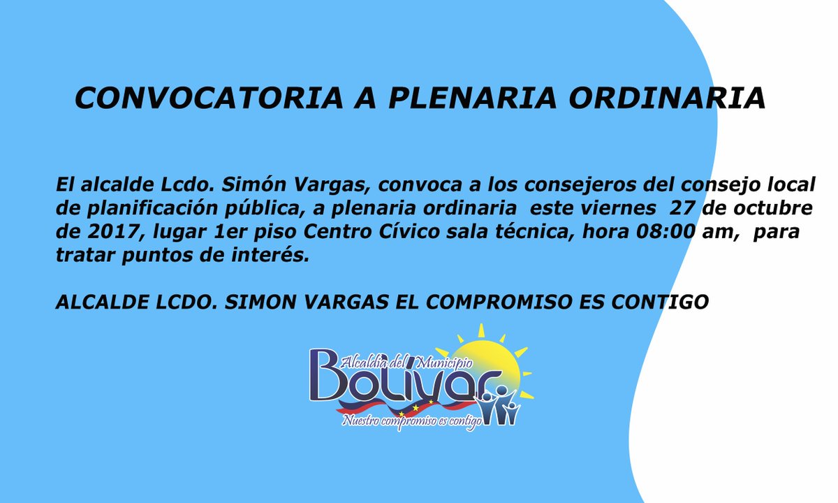 alcaldiadelmb's tweet photo. ALCALDE LCDO. SIMÓN VARGAS CONVOCA  A PLENARIA ORDINARIA https://t.co/aAqXVBrd9H