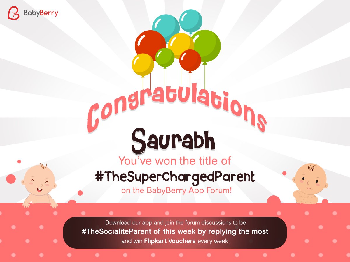BabyBerryApp's tweet photo. Congratulations Saurabh for being the super-charged parent on the BabyBerry App Forum. Please DM us your details for a special surprise! https://t.co/vg4WFp8zXZ