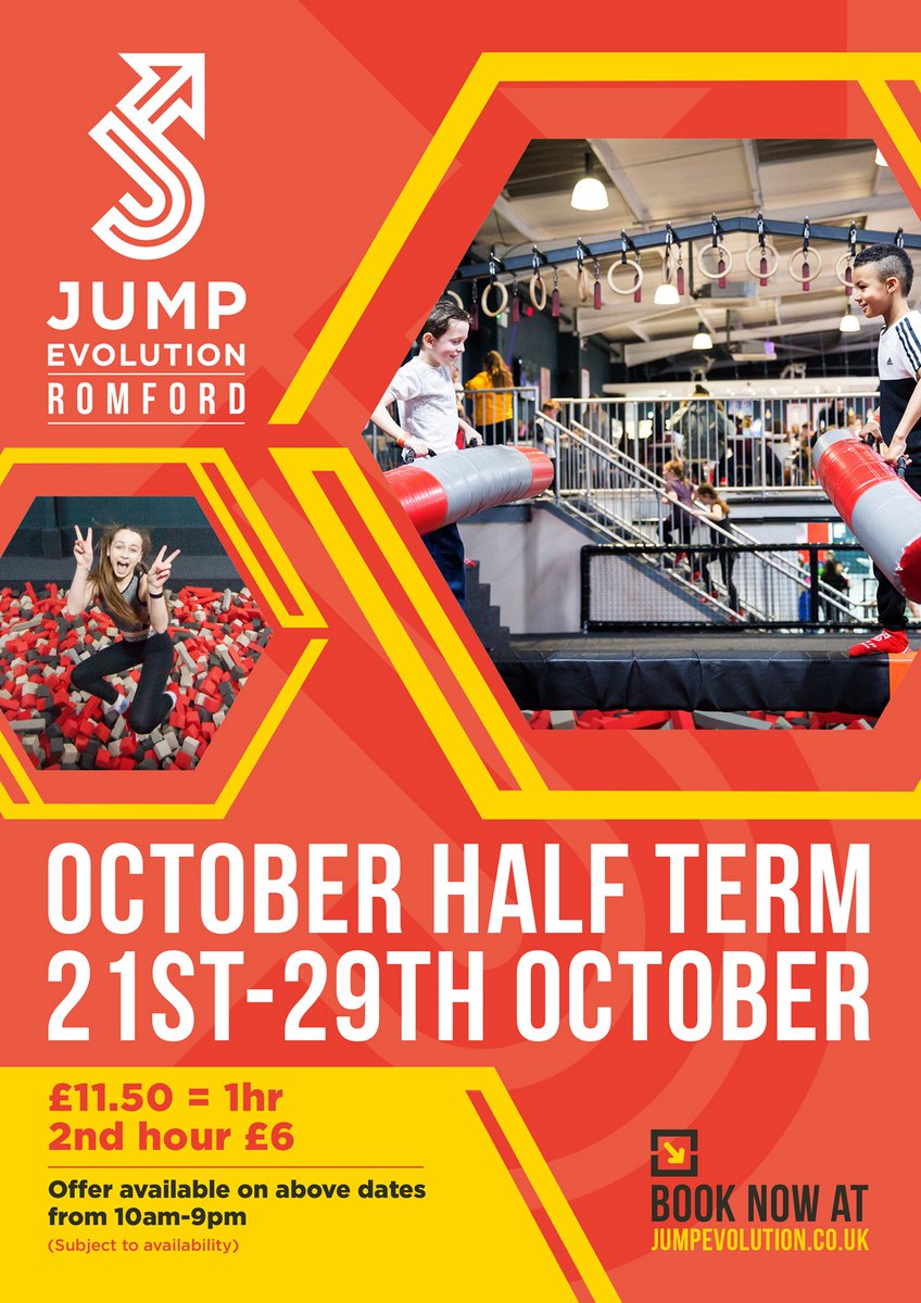 jumpevolutionuk's tweet photo. Happy half term!!! Our offer this week, buy one hour get second hour for £6 #trampolineparkessex #jumpevolutionuk #specialoffersforhalfterm https://t.co/yP8BzfjaLV