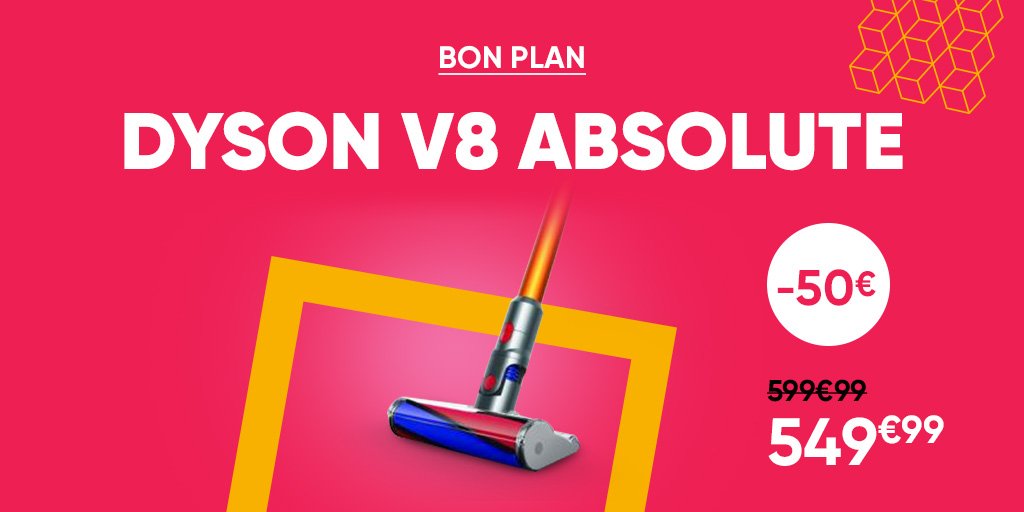 Fnac's tweet photo. Bon plan: Aspirez chaque recoin 🕸 Bénéficiez de 50€ de remise sur l'aspirateur balai #Dyson #V8Absolute 😉 >> https://t.co/mDftTfeoUI https://t.co/fgAYwgNv8O