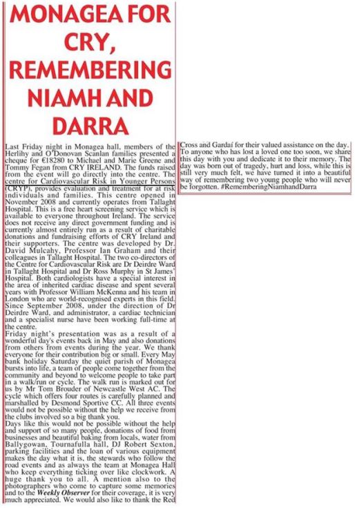 CRYIre's tweet photo. Coverage taken from the #WeeklyObserver #Limerick on the recent #MonageaForCry17 presentation of monies to Cry - RememberingNiamhAndDarra https://t.co/f0JWPn3aPv