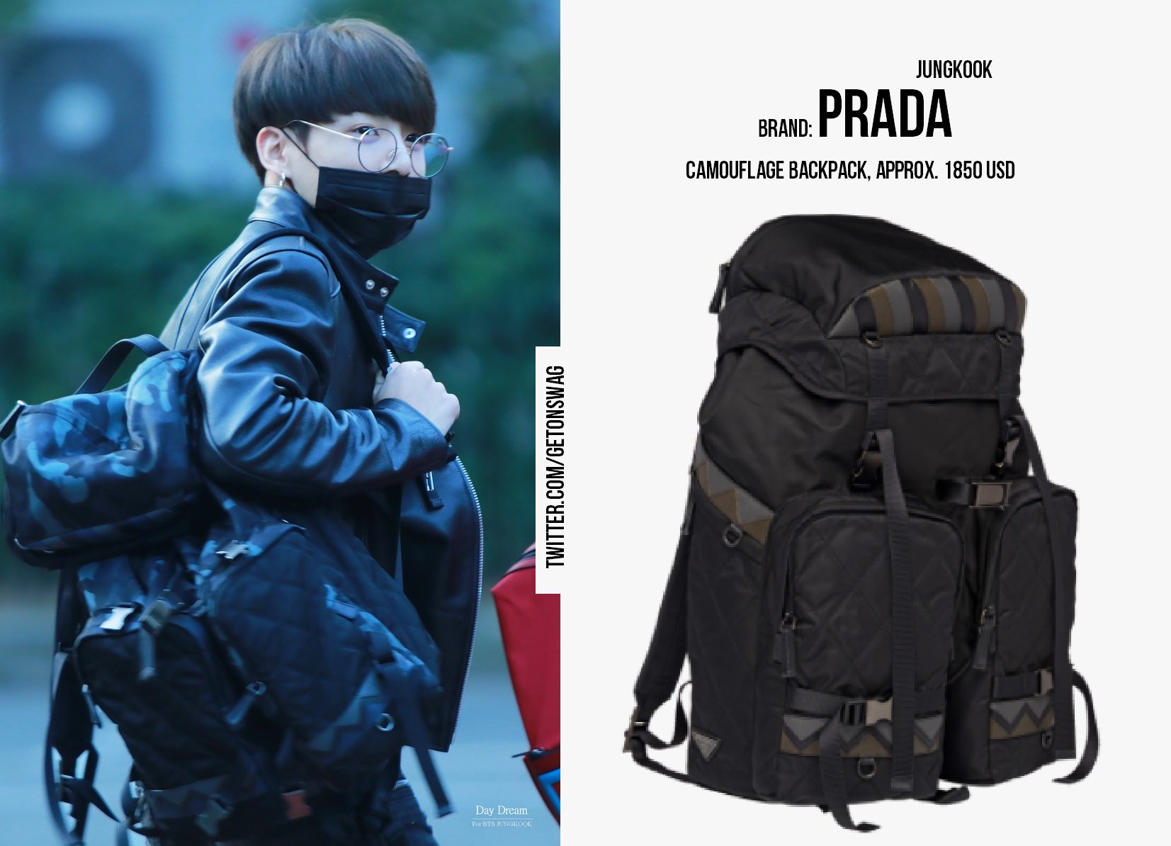 Beyond The Style ✼ Alex ✼ on X: JUNGKOOK #BTS 171020 170922 171023 airport  (requested) #JUNGKOOK #정국 #방탄소년단 PRADA camouflage backpack '2017 (similar),  approx. 1850 usd 🎁  / X