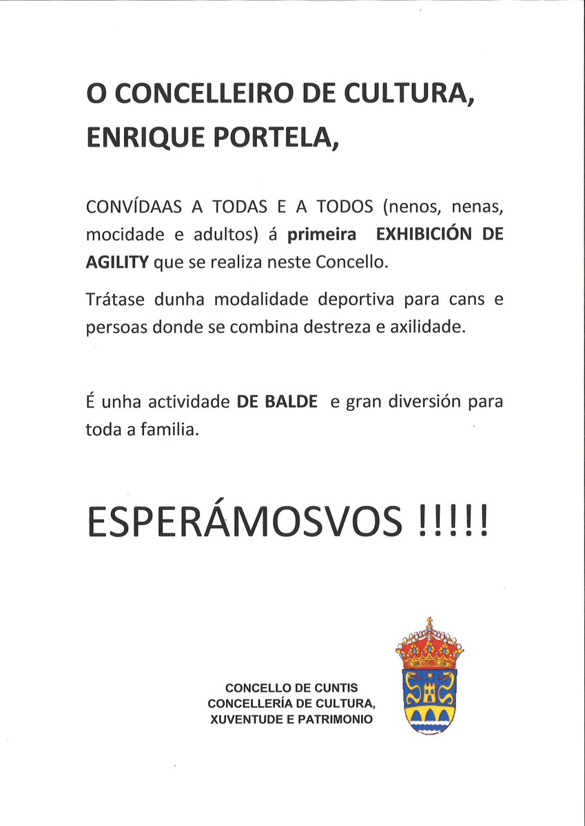 OMIX_Cuntis's tweet photo. O Concelleiro de Cultura @KKPortela e a Fed. Galega de Agility teñen o pracer de convidalo á exhibición do vindeiro domingo 29! #agility https://t.co/CiR8vWGc8f
