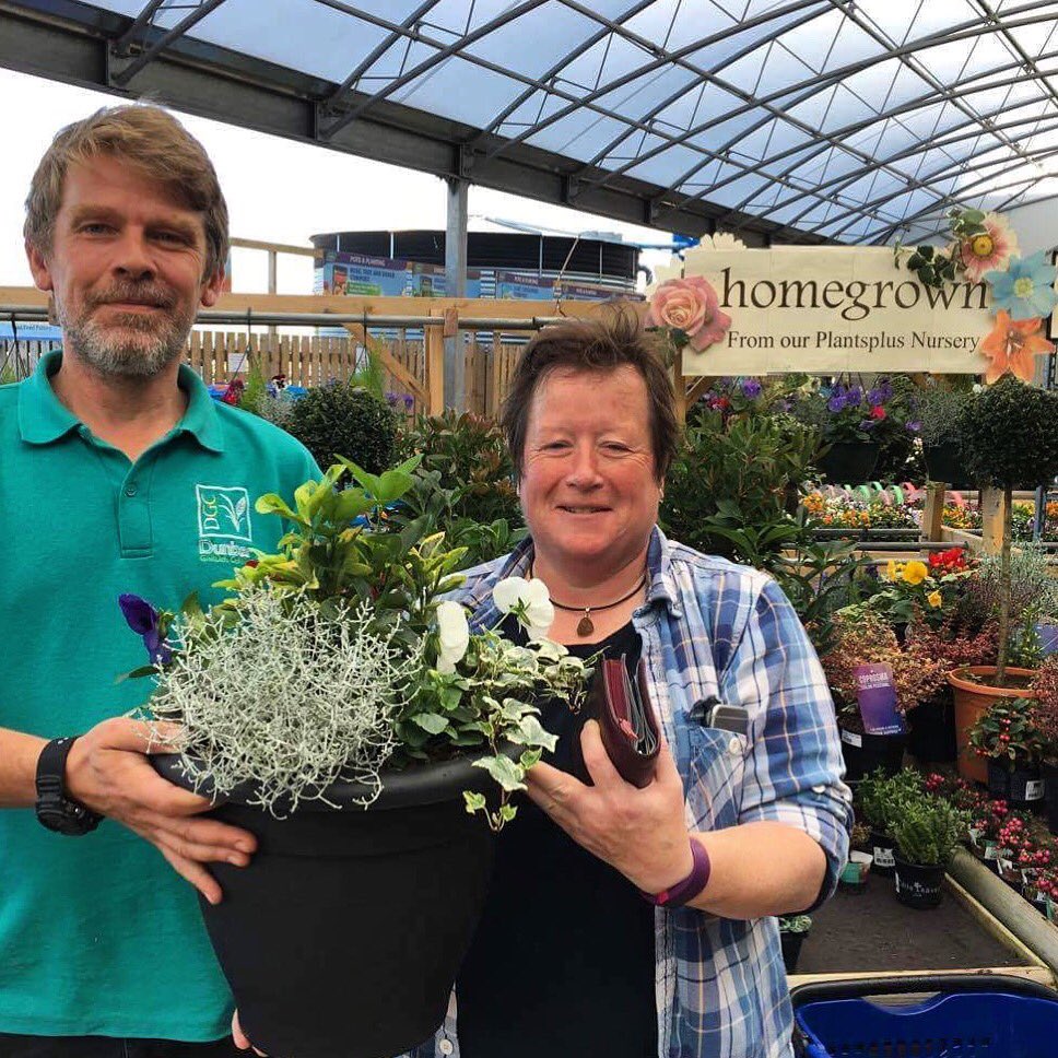 DunbarGC's tweet photo. Our FB winner picking up her homegrown patio planter prize! How to do bring colour into your garden through #Autumn ? https://t.co/5S5oEGRyjm