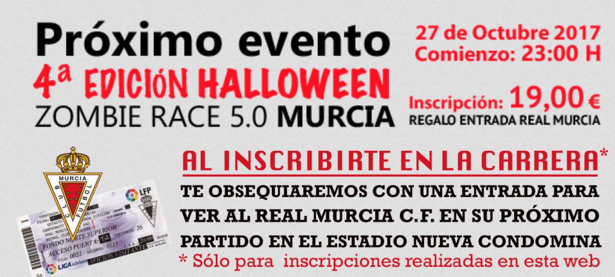 Irunning_es's tweet photo. La #ZombieRace te invita a ver al @realmurciacfsad este domingo. ¡Corre y disfruta de #Halloween a lo grande! https://t.co/h1dptoAA9j