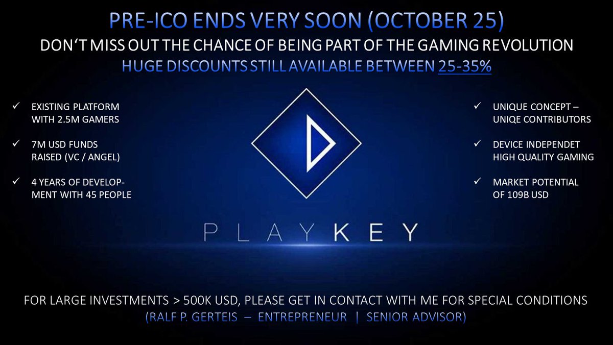 Hot: Pre-ICO Playkey - Gaming Revolution
#ICO #Blockchain #CryptoCurrency #Crypto #Gaming 
still full discounts via playkey.io/en/contribute/…
