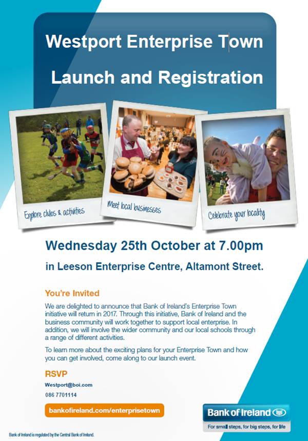 WestportChamber's tweet photo. Westport Enterprise Town Launch

A fantastic event for Westport to showcase the best that is in our proud community.  
This is a free expo for businesses, sports clubs and community groups. Find out more at our launch in Leeson Enterprise centre, this Wednesday at 7pm https://t.co/rEhMELFGe9