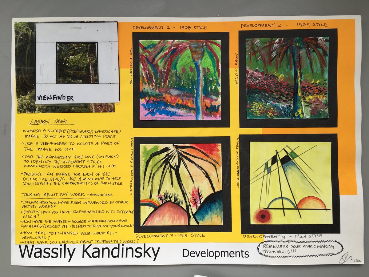 sarahhogan85's tweet photo. @artistkandinsky developments, same starting point developing different styles of the artist over time.  #artistresearch #teachingresource https://t.co/ejKMuFDFuN