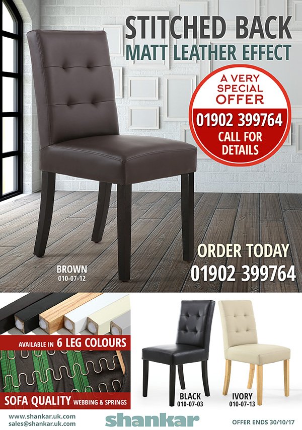 shankarukllp's tweet photo. #ShankarSpecialOffer The fabulous Stitched Back Chair in Brown, Ivory or Black Matt Leather Effect and available in 6 leg colours. https://t.co/UEw7ylIrvU