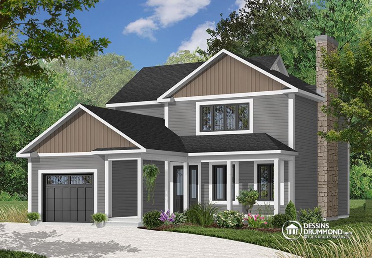 Maison pour terrain étroit, garage avec accès par la buanderie, 3 grandes chambres, salon avec foyer (# 2724) 

dessinsdrummond.com/detail-plan-de…