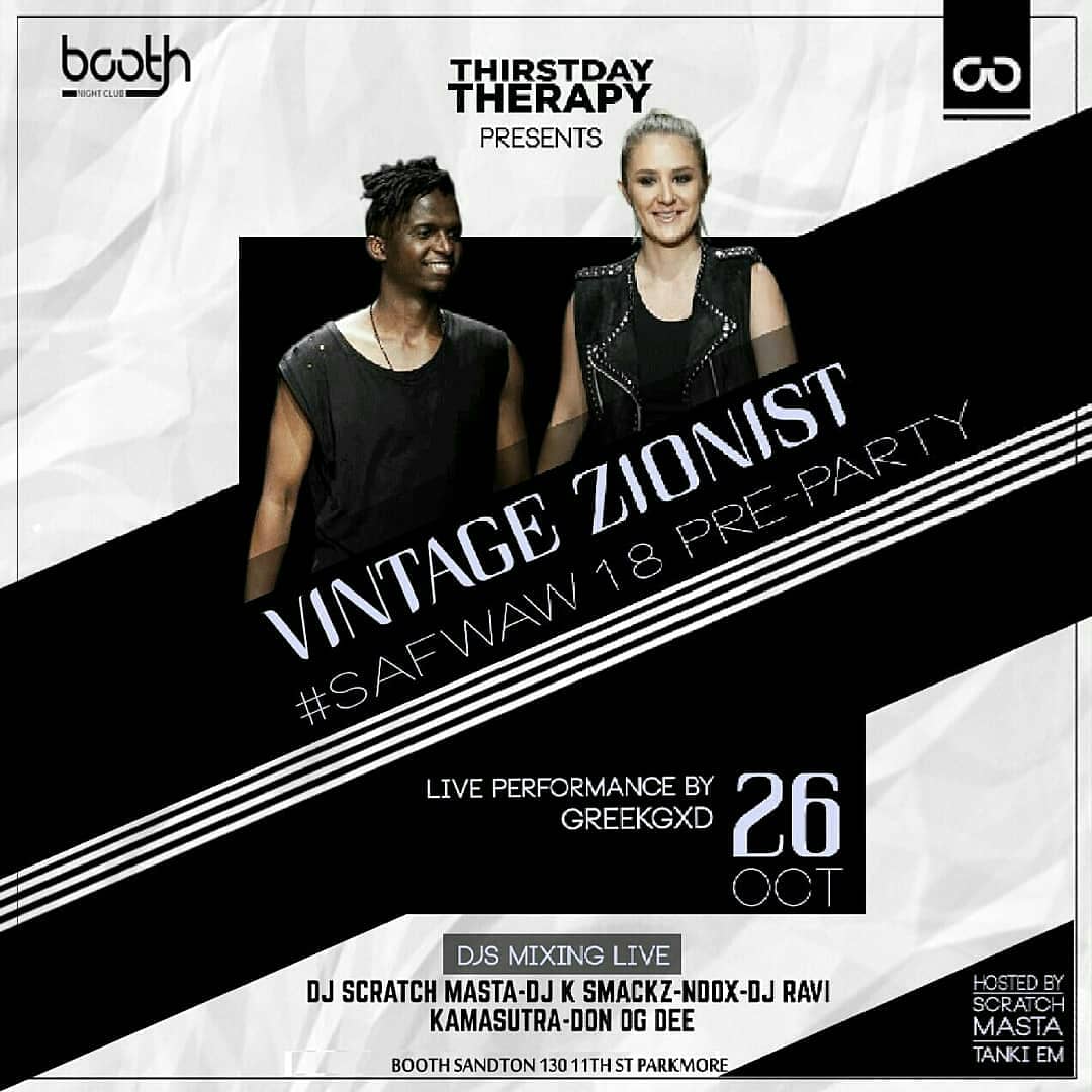 LadiesNightOuts's tweet photo. 25 OCT : Vintage Z on @FoxLifeAfrica (dstv126)

26 OCT : Vintage Z at @boothsandton 

27 OCT : #VINTAGEZIONISTxAFROPUNK at @SandtonCity https://t.co/1CVSrnsL1R