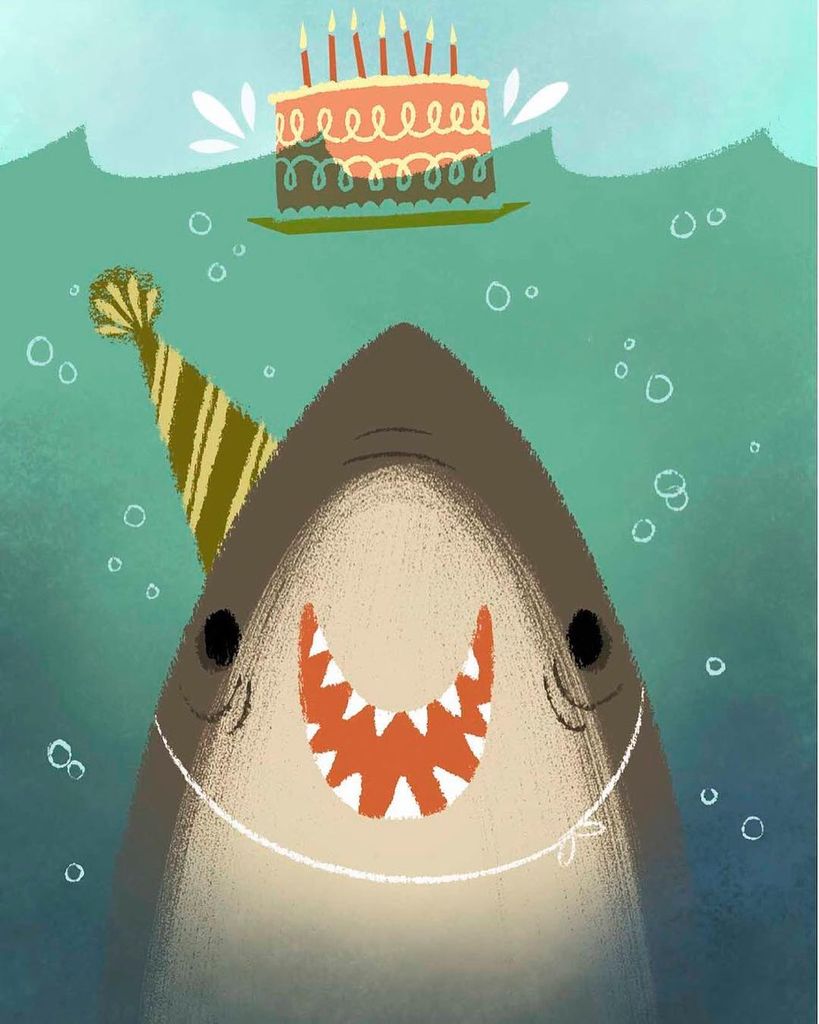 Happy shark illustrated by @melaniedemmer #ohhdeer #cute #happy #shark # birthday #funny #illustration #art #creative, image size:819x1024