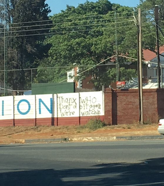 DougColtart's tweet photo. Message on the wall of @WHO’s offices in Harare today:
“Thanx WHO. Don’t do it again. We’re watchin”
#GoodwillForWHO #DearWHO https://t.co/2oRw56XGj8