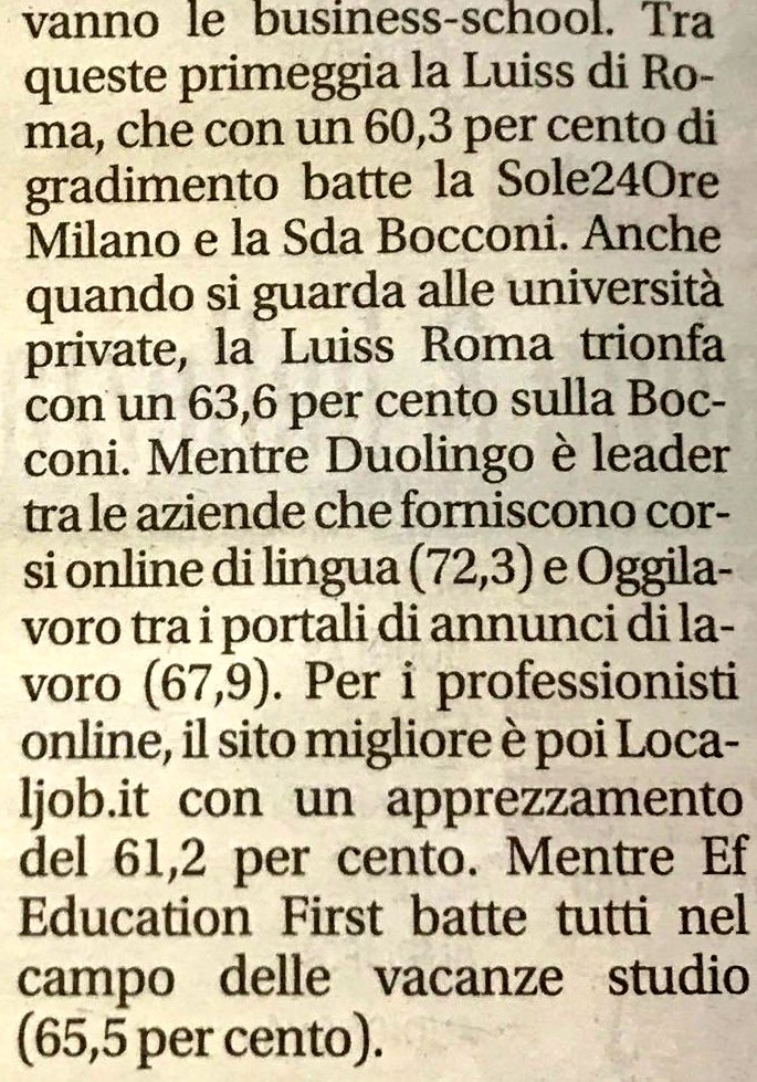 LuissBusiness's tweet photo. Lavoro &amp; formazione: #LUISSBusiness la più apprezzata #BusinessSchool in Italia. I dati dell'Istituto Tedesco Qualità&amp;Finanza su @repubblica https://t.co/ioFwBpAfws