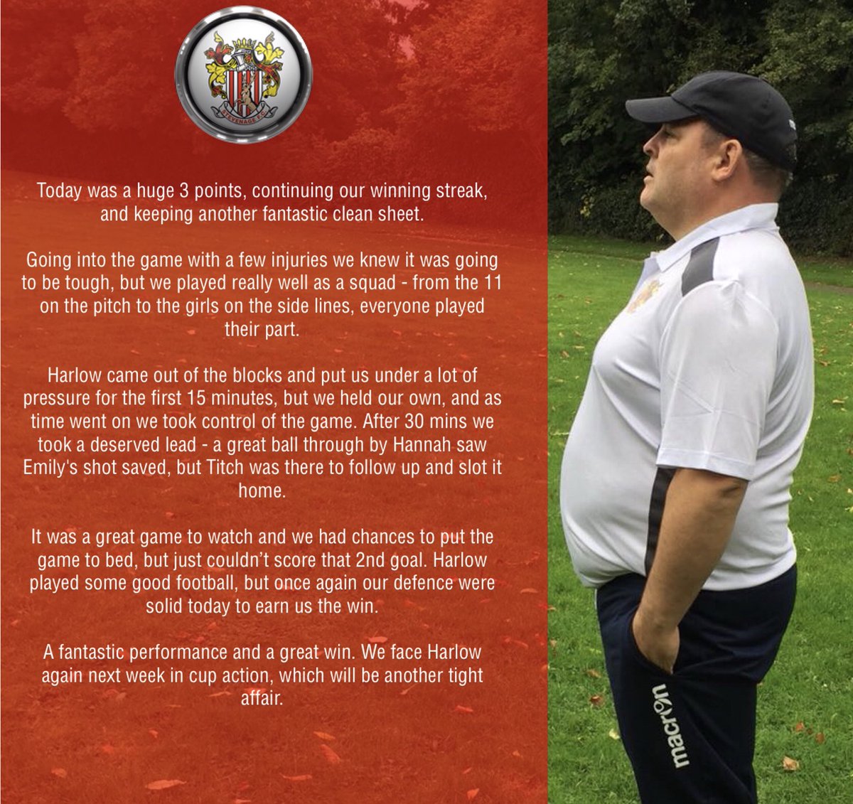 StevenageFCW's tweet photo. Reserves remain unbeaten in the @ERWFLe and extend the gap at the top of the league. Gaffer @Potts45 talks about the win and performance 🔴⚪️ https://t.co/BNU7NBfC1E
