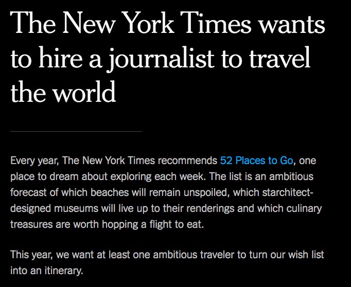 cliffordlevy's tweet photo. Best.
Job.
Ever.
✈️
NYT is hiring a journalist to travel the world, documenting our 52 Places feature.
https://t.co/GrSVFoZxQL https://t.co/82qlTnM6k4