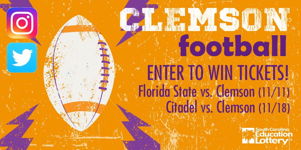 sclottery's tweet photo. #Clemson Fans, win tickets to the Florida State or Citadel game. RT and FOLLOW @sclottery to enter! https://t.co/dV2fzIkYBM