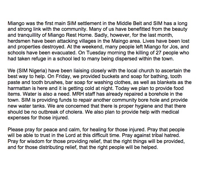 SimNigeria's tweet photo. There has been unrest in the Miango area of Nigeria. Here is a statement from our Acting SIM Nigeria Director, John Hunt https://t.co/R2BXzjXrQK