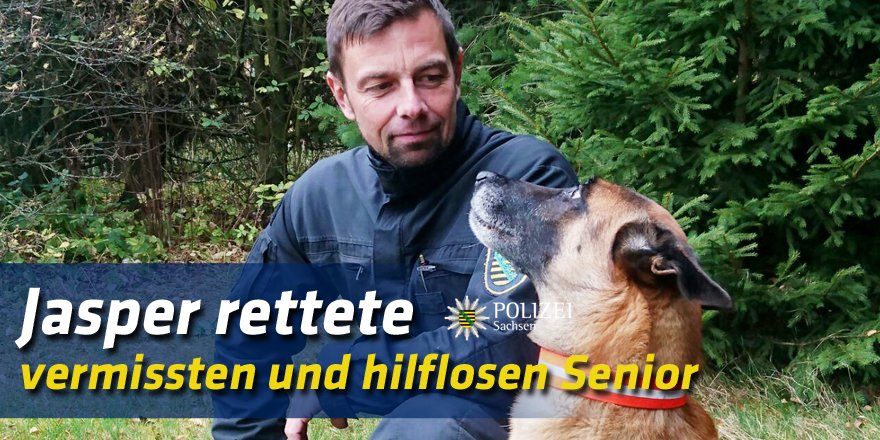 PolizeiSachsen's tweet photo. Jaspers gute Nase und seine Ausdauer bewahrten einen 73-Jährigen aus #Pfaffroda wahrscheinlich vor Schlimmerem. https://t.co/hCPuR33mH9 https://t.co/RKux0K3VVc