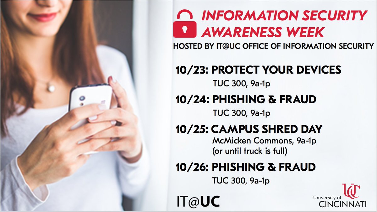 UC_OIS's tweet image. Come visit Information Security at TUC 300 and learn about protecting your devices! #ISAW #ProtectYourDevice #InformationSecurity