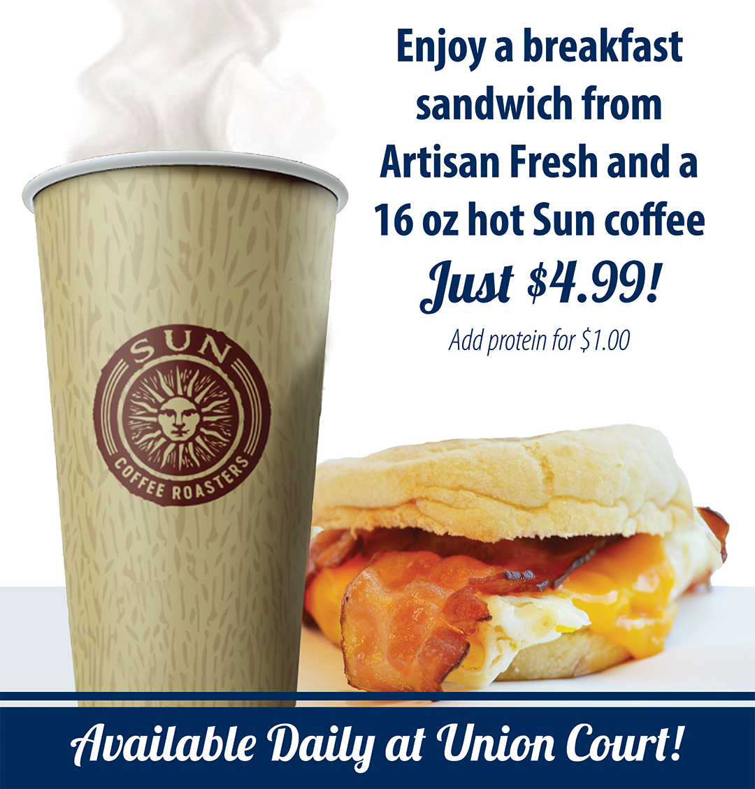 UNHDining's tweet photo. Did you know that you can grab coffee and breakfast at #UnionCourt ? Check out their great deal going on now! #ArtisanFresh #UNHDining https://t.co/PgmgLhMY26