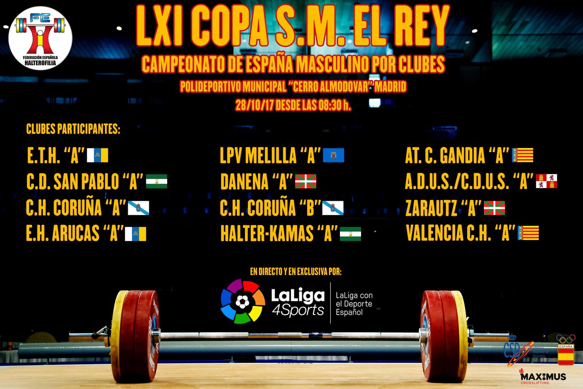 fedehalter's tweet photo. ESTE FIN DE SEMANA: 
- LXI Copa S.M. el Rey🏋️ (28/10/17 08:30h)
- XXI Copa S.M. la Reina🏋️‍♀️ (29/10/17 10:00h)
DIRECTO por @LaLiga4Sports 🏆 https://t.co/4DgHvD83es