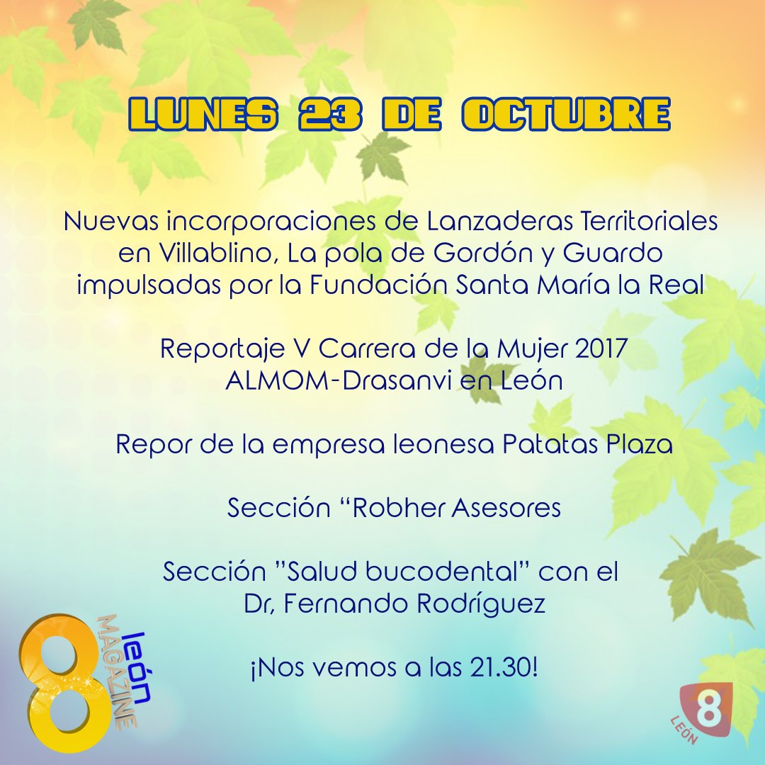 8MagazineLeon's tweet photo. Temas listos para el programa de esta noche! Os esperamos!! #leonesp #lanzaderas #carrera #almom #patatas #asesoria #salud #bucodental https://t.co/9WoJFi1e1t