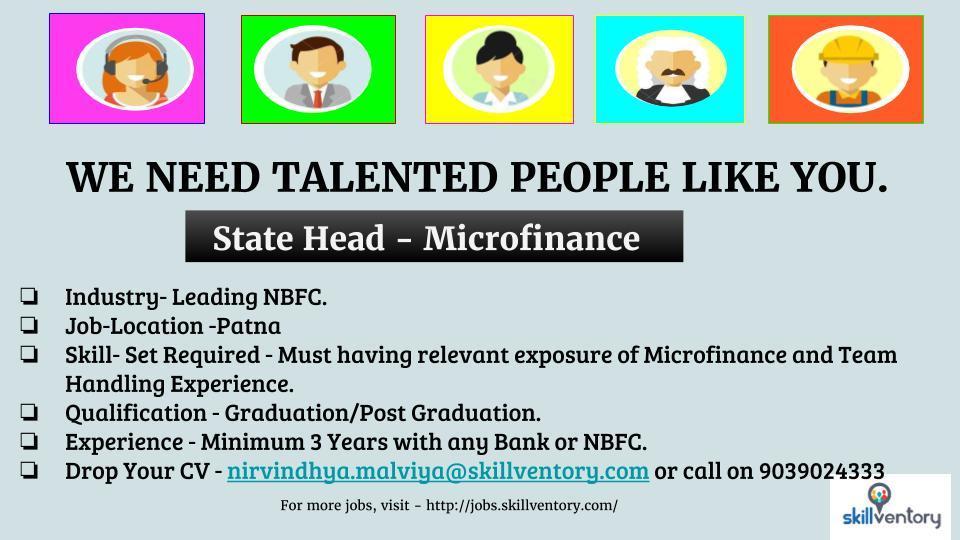 skillventory's tweet photo. #StateHead #Microfinance
Leading #NBFC is looking for State Head. #GrowYourCareer with #Skillventory #BestRecruitmentConsultantsinIndia https://t.co/0K75OJyVfz