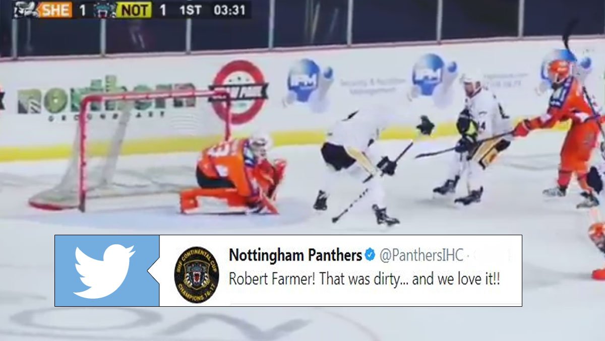BarDown's tweet photo. English hockey player goes top shelf with a ridiculous between-the-legs goal. VIDEO @ https://t.co/ydXvsfyzCv https://t.co/sFLHeFp8Yv