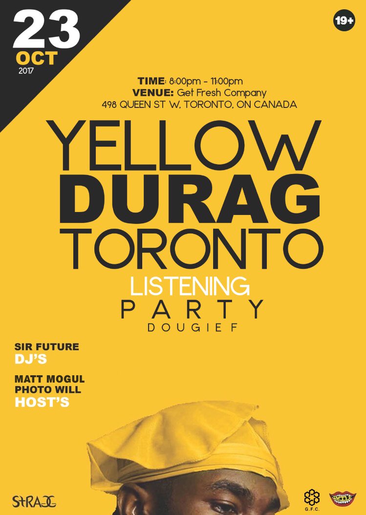 FRANCELESLIA's tweet photo. TODAY IS THE BIG DAY !! WE’RE IN TORONTO FOR THE #YELLOWDURAG LISTENING PARTY 💛 @Dougiefmusic #SMILE #STRAGGRECORDS https://t.co/Fv6H9HDReG