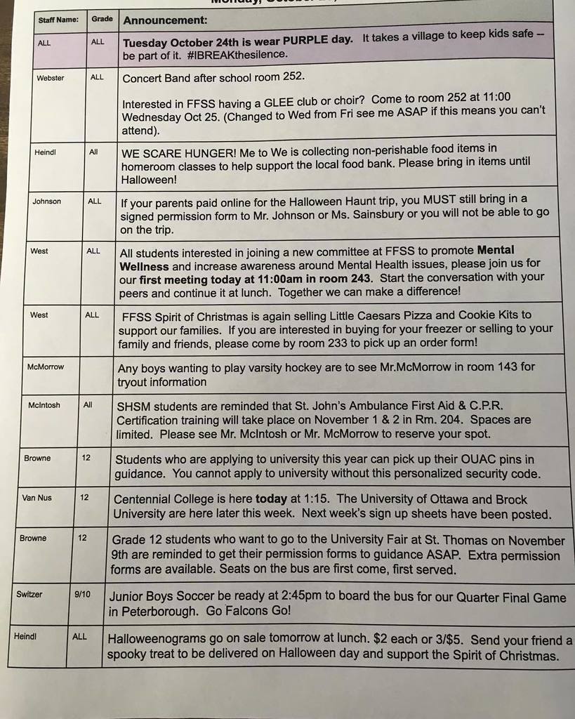 fenelon falls ss on twitter annoucements for monday october 23rd