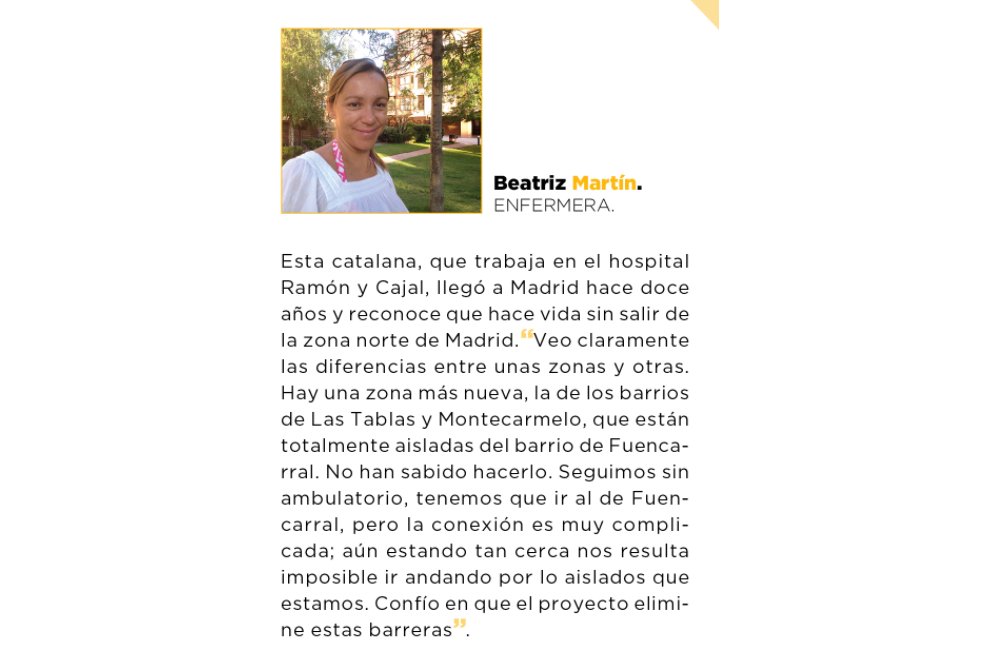 La voz de los vecinos en #LaVozDCN: esta vecina confía en que el proyecto elimine las barreras que separan los barrios del norte de Madrid.