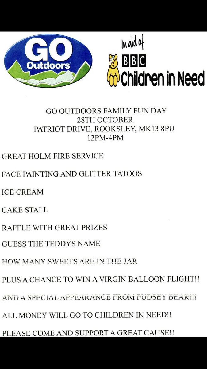 Come on down to Go Milton Keynes family fun day! Where you can meet pudsey bear, and help with a great cause😁