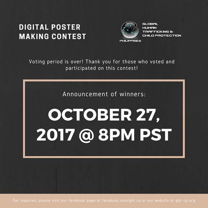 ghtcp_ph's tweet photo. DIGITAL POSTER MAKING CONTEST
Voting period is over! Announcement of winners will be this Friday, October 27 @ 8:00 PM PST. 
Thank you! https://t.co/mIClGwZoYM