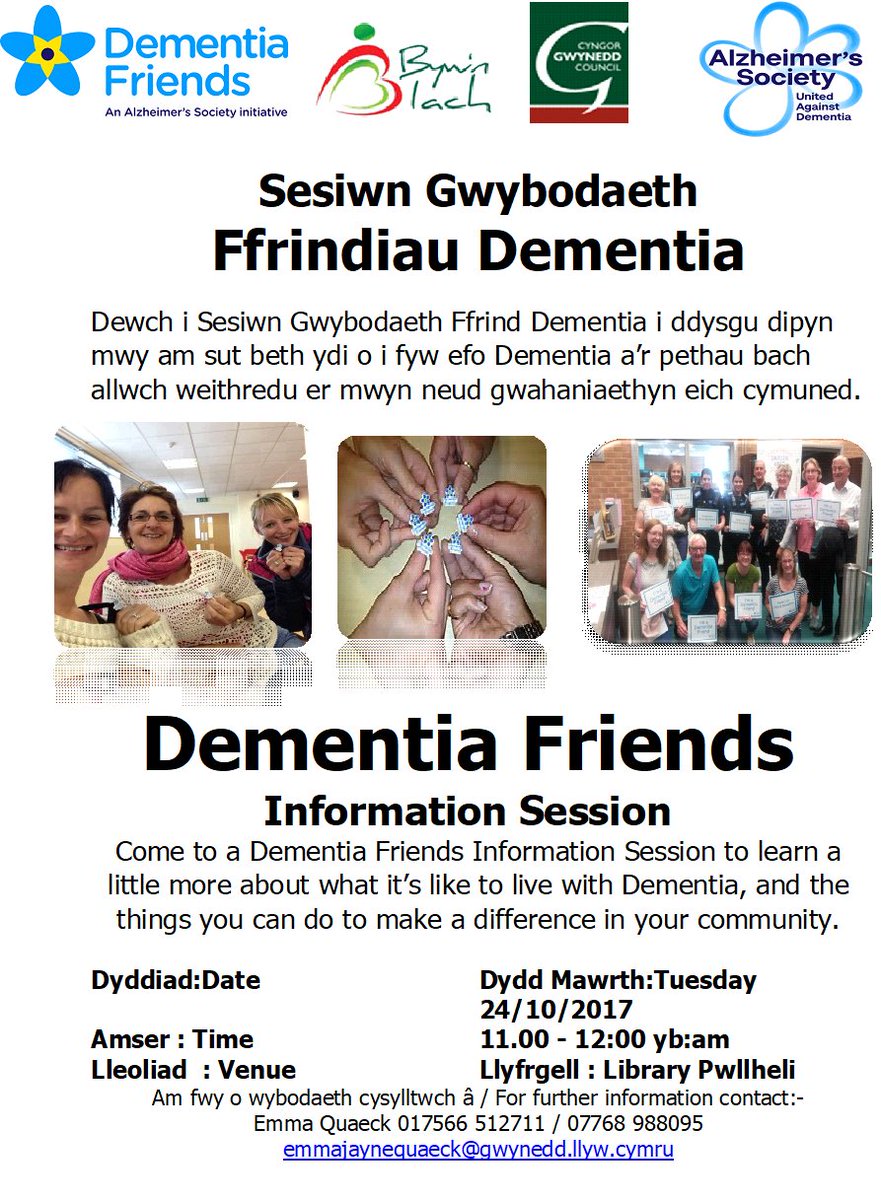 Come and support the Dementia Friends session at #Pwllheli #Library tomorrow morning 24/10 between 11.00 - 12.00. Useful talk FREE! Welcome!