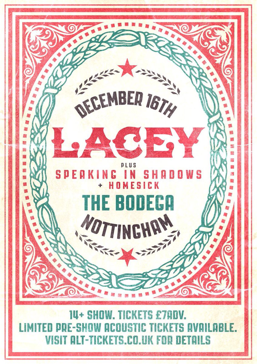 ***SUPPORT ANNOUNCEMENT*** The uber-lads in <a href="/OFFICIALSIS/">Speaking in Shadows</a> and Notts locals <a href="/we_are_Homesick/">Homesick</a> are making the Lacey Xmas show even better!!