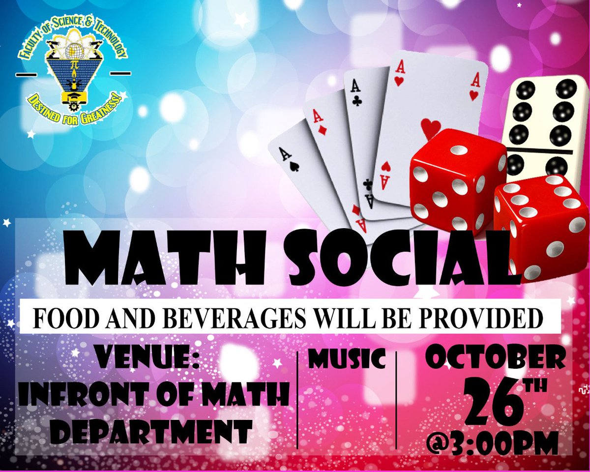 fst_uwimona's tweet photo. Come out this Thursday to Math Social starting at 3pm.
We will be having games and food π€
#FSTGC #TeamSciTech #DestinedforGreatness https://t.co/6i3lnnLQaj