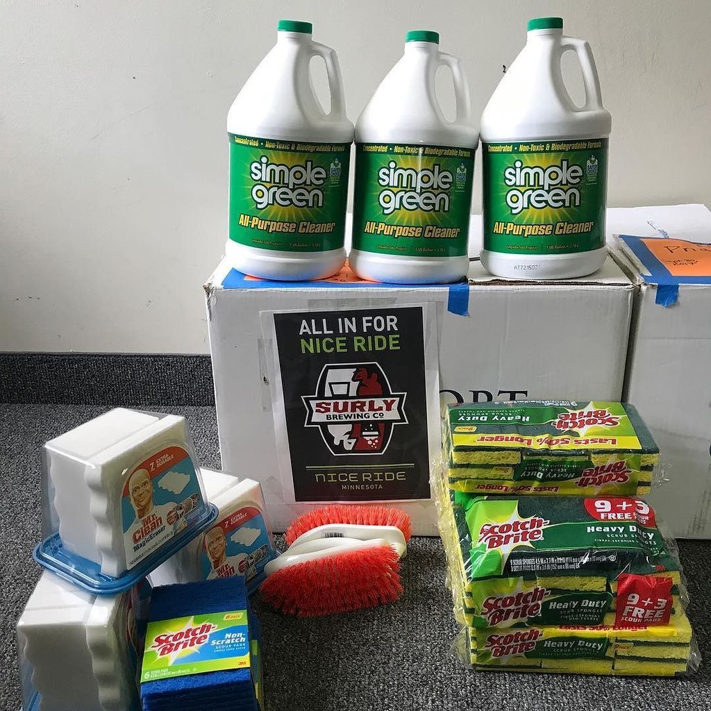 NiceRideMN's tweet photo. We're all stocked up on supplies for this Sunday's #NiceRide cleaning party with #SurlyGivesaDamn! https://t.co/3l4VRauuzl https://t.co/gYh1jdoUAj