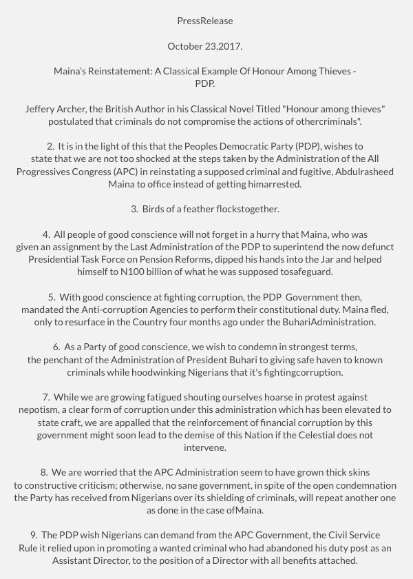 OfficialPDPNig's tweet photo. Maina’s Reinstatement: A Classical Example Of Honour Among Thieves. We demand immediate arrest &amp; prosecution of Maina and his collaborators https://t.co/cqL0PMt7SF