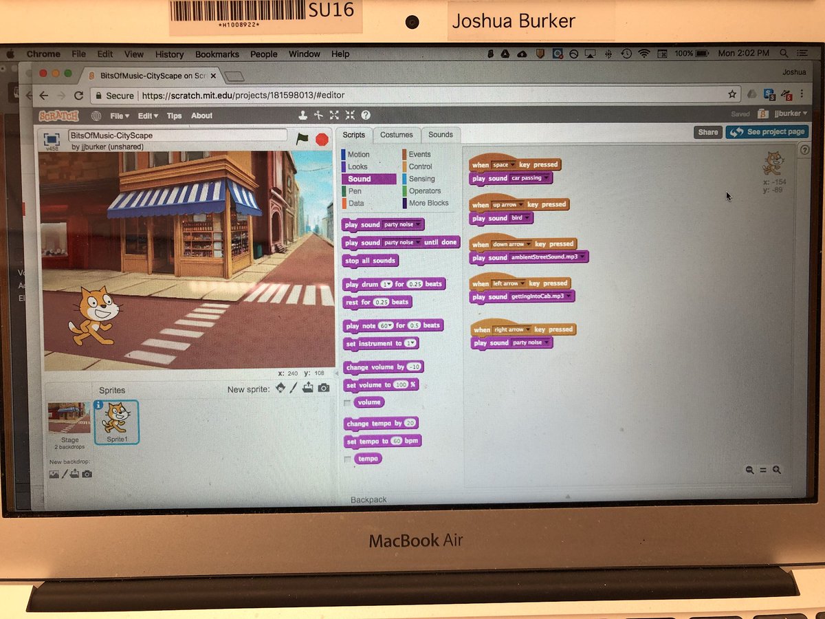 joshburker's tweet photo. My #bitsOfMusic “uninstrument” plays city sounds. Cardboard, conductive tape, @makeymakey & @scratch. #makered https://t.co/wZGjuMHDZY