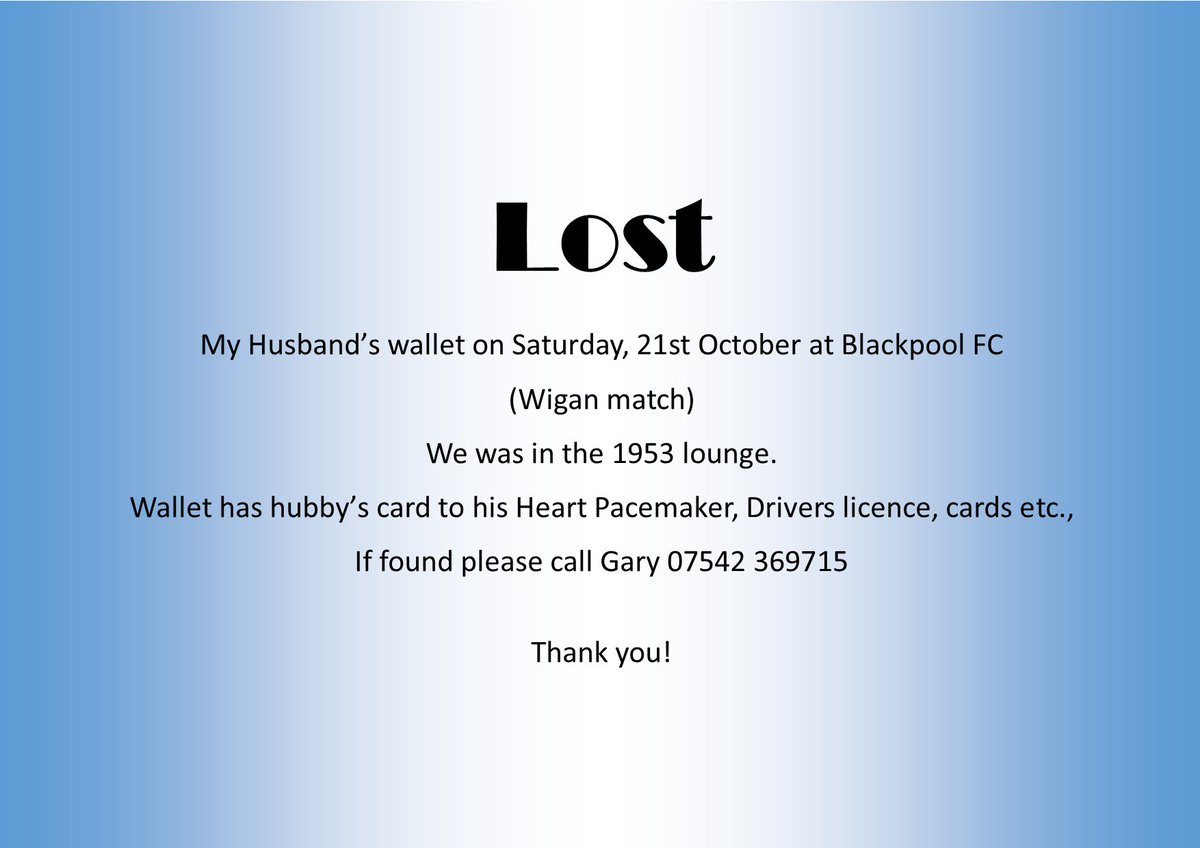 <a href="/BlackpoolFC/">Blackpool FC</a> Please can you RT and share thank you!
