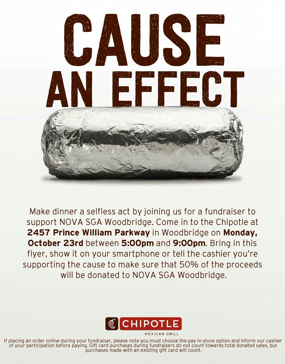 SGA_nvccwo's tweet photo. Come today at 5pm-9pm @ChipotleTweets near (I-95) to support your Student govt ! Show the flyer at the register #NOVA #OneNova #SGA https://t.co/fWNnEVXRc8