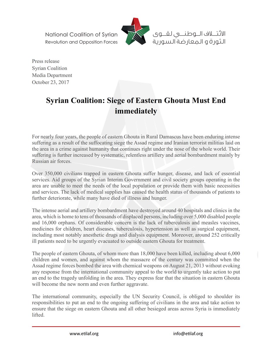 SyrCoalition's tweet photo. Syrian Coalition: Siege of Eastern #Ghouta Must End immediately
https://t.co/LgLCGHt1wj
#AssadBesiegesGhouta #Syria https://t.co/sJEKbN1Dso