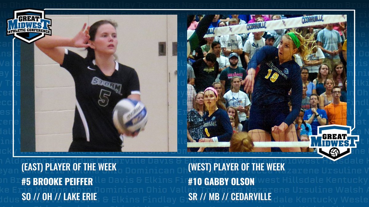 GreatMidwestAC's tweet image. Week 8️⃣ - #G_MAC 🏐 Players of the Week    
East: Brooke Peiffer, LEC
West: Gabby Olson, CED (2x)
📰: bit.ly/2xhxvmJ