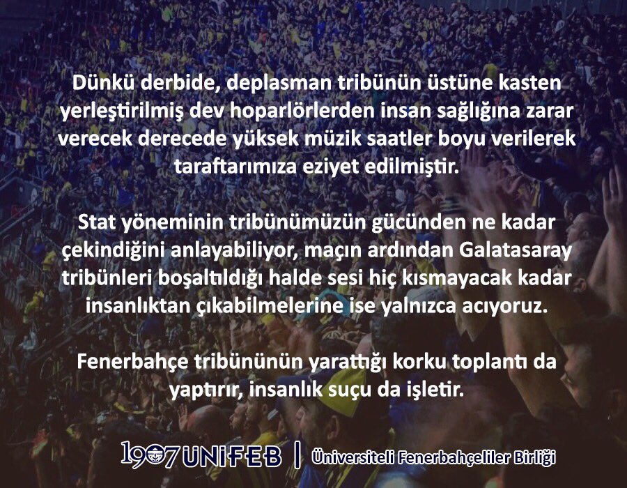 1907unifeb's tweet photo. “Fenerbahçe tribününün yarattığı korku toplantı da yaptırır, insanlık suçu da işletir.” https://t.co/qFszi2Y13k