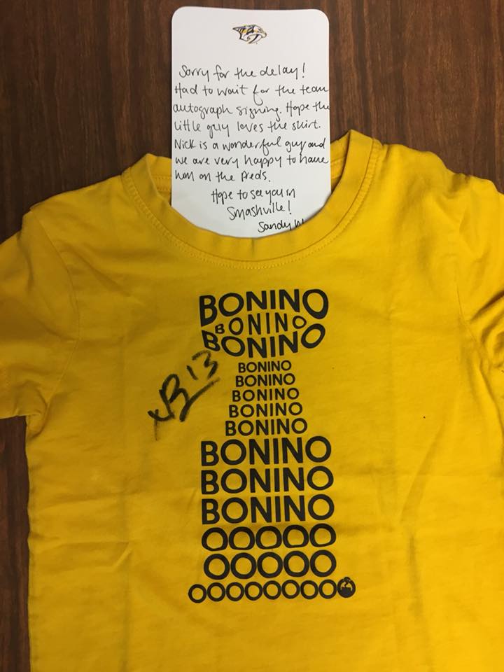 RLang82's tweet photo. Thank you so much @NickBonino!! My son will be really excited! We are die hard Pens fans but will have some Preds games on in our house now. https://t.co/i5Pc2kDrC0
